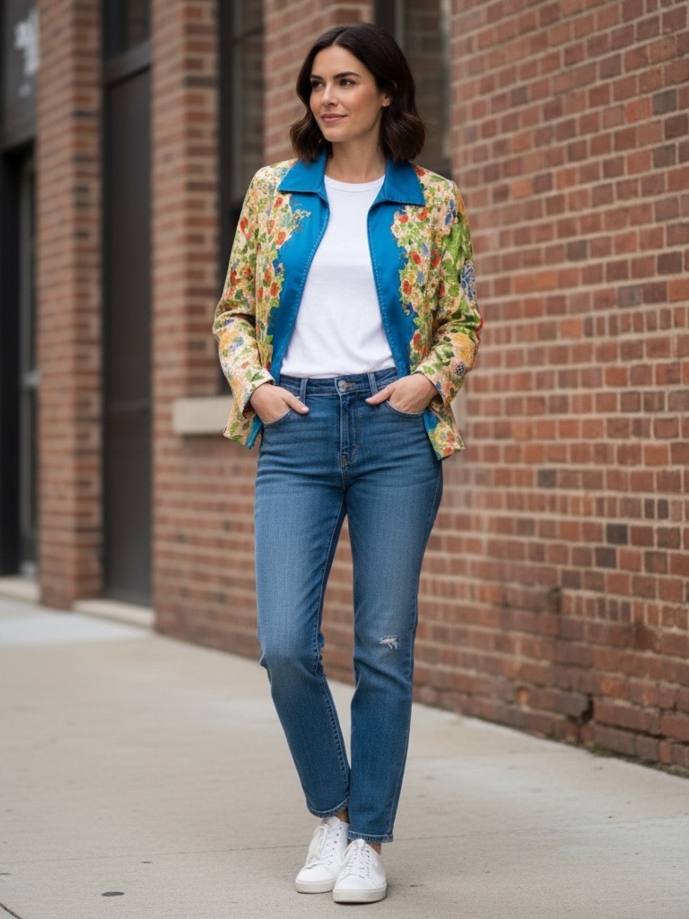 Spirit Cold Water Creek Floral Print Zip-Front Jacket in Teal and Cream